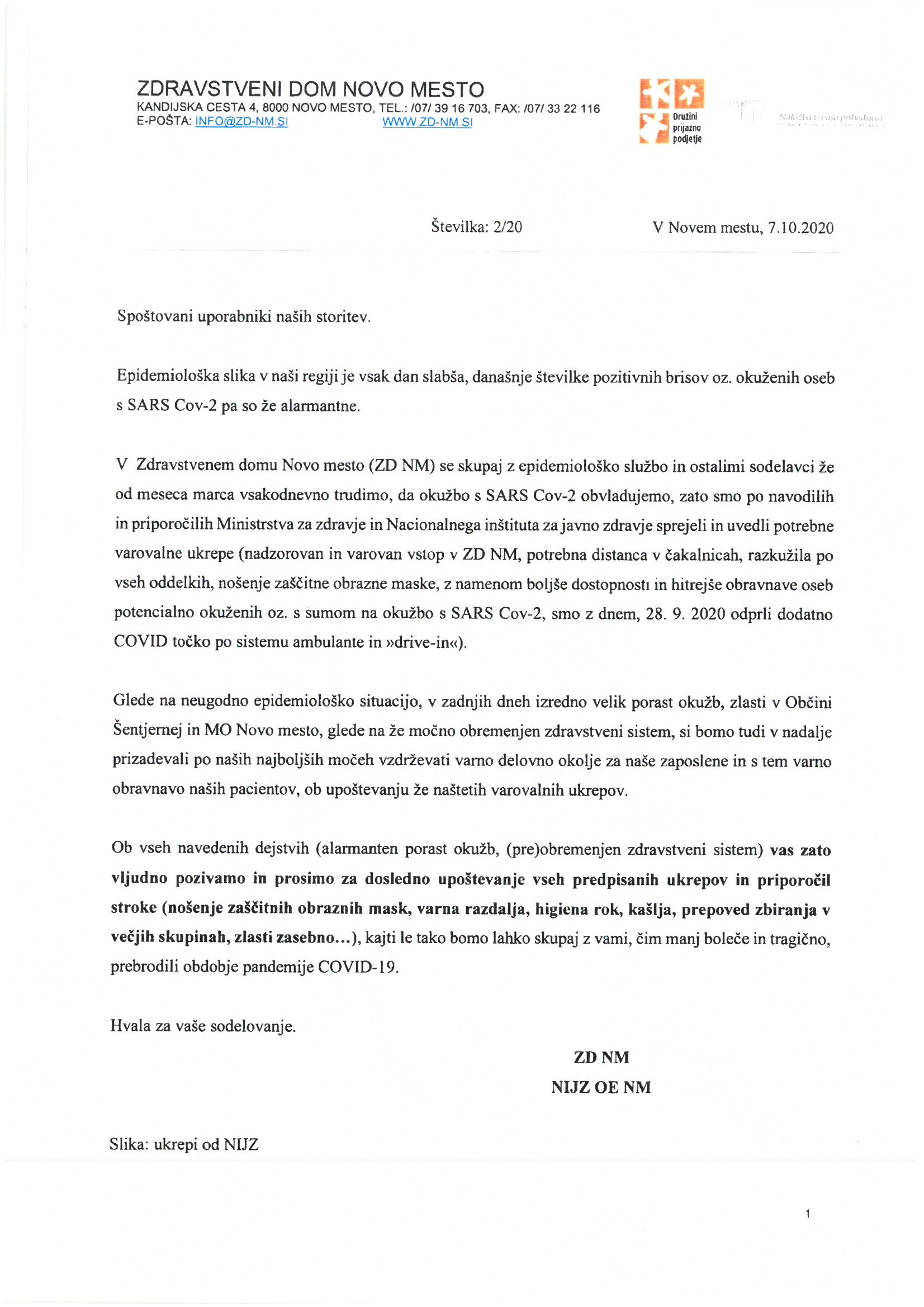 Obvestilo Zdravstveni dom Novo mesto in NIJZ